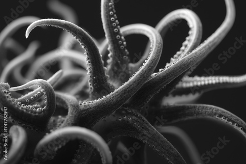 close up of octopus tentacle black and white