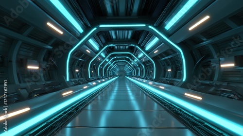 AI integrated smart city and transportation, A futuristic corridor illuminated with blue lights, sleek, metallic walls and a long, straight pathway, creating a sci-fi atmosphere