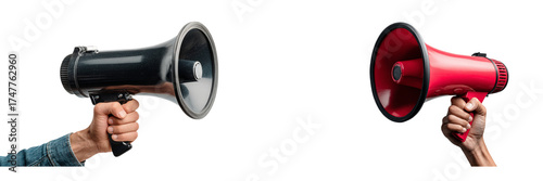 Black and red megaphone held by hand isolated on transparent background