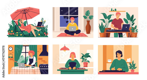 Collection of diverse illustrations depicting people working remotely in various settings, including outdoors, indoors, and at a desk, showcasing modern worklife balance and flexibility