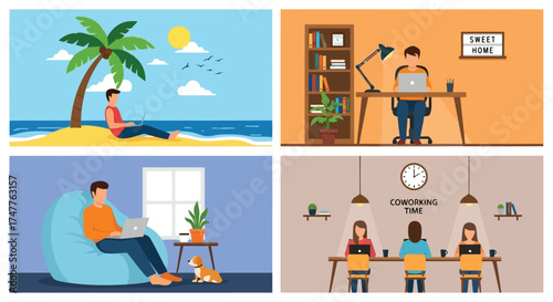 Collage of a man relaxing on a beach, working at a desk, on a beanbag chair, and people collaborating in a coworking space