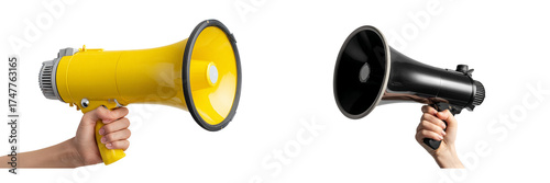 Two hands holding megaphones, one yellow and one black, isolated on transparent background