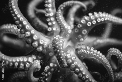 close up of octopus tentacle black and white