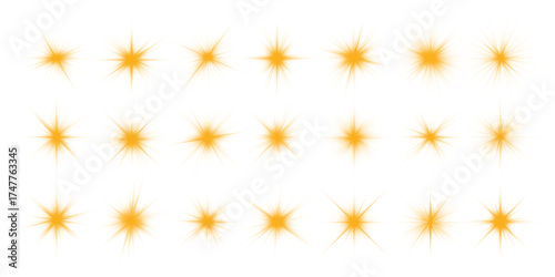 PNG pack of glowing yellow star lights. Radiant luminous sparkles and twinkling light particles. Abstract glowing texture for holiday, fantasy, or elegant background design.