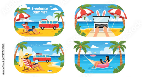 Vibrant scenes of people enjoying a freelance summer by working on laptops at the beach, relaxing in hammocks, and traveling in vintage vans, blending work with vacation