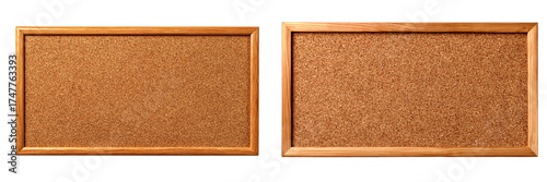 Two empty cork bulletin boards with wooden frames, isolated on transparent background