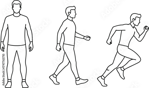 Outline Vector Icon Set of Human Standing, Walking, and Running Postures Representing Activity, Motion, and Daily Life in Line Art Style.