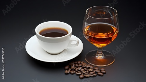 Coffee and cognac still life on a dark background with coffee bean