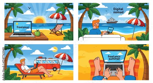 Digital nomad lifestyle with laptop on beach, working remotely and enjoying vacation, with palm trees, umbrellas, and ocean view