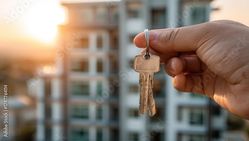 Hand holding house keys in front of apartment building at sunset
