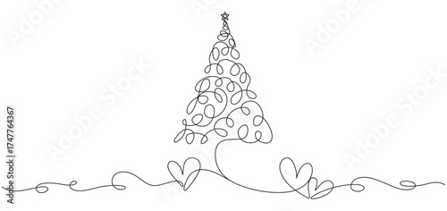 Minimalist one line drawing of a Christmas tree decorated with circular ornaments and topped with a star. Flowing continuous lines extend from the base, forming heart shapes along the line