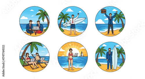 Businessmen and women working remotely on laptops and surfboards at the beach, embracing a flexible worklife balance