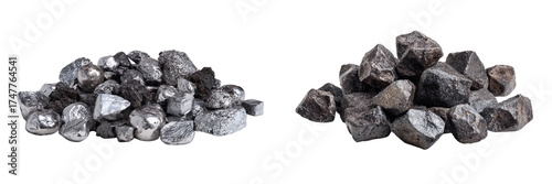 Two piles of rough mineral stones, one shiny and one dark, isolated on transparent background