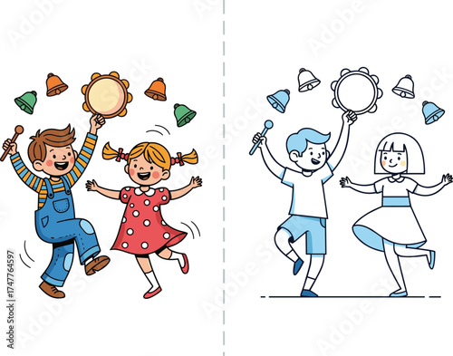 Cartoon Lifestyle Icons Featuring Kids Playing Instruments and Dancing, Joyful Mood, Music Theme, and Dual-Style Art Comparison Scene