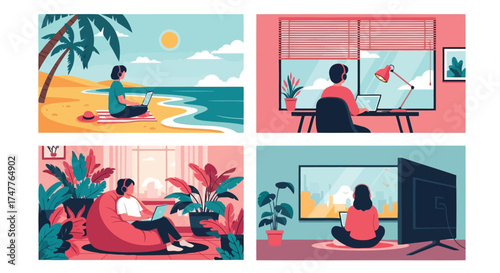 Illustration depicting remote work scenarios, showing individuals working on laptops in diverse settings including a beach, home office, cozy beanbag chair, and by a large television
