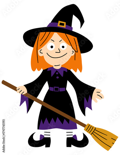 Cute cartoon witch girl with orange hair, pointy hat and broomstick. Halloween character in black purple costume smiling. Perfect for kids party, october celebration, spooky season, festive design con