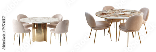 Elegant dining set with marble table and plush chairs isolated on transparent background