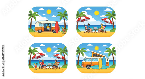 Four scenes of a beach vacation with a camper van, surfboards, umbrellas, and people relaxing on chairs by the ocean under a sunny sky with palm trees