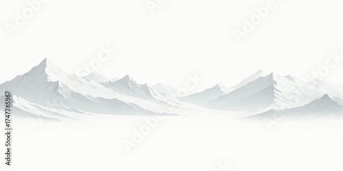 Vector illustration of a cold polar winter landscape with snowy mountains, icebergs floating in the ocean, and a blue sky