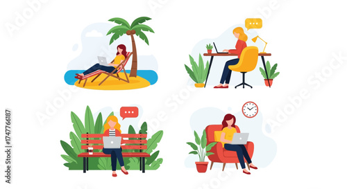 Woman working on laptop on a tropical beach, at a desk, on a park bench, and in an armchair, illustrating remote work and digital nomad lifestyle