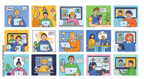 Diverse group of people engaged in online communication and collaboration via video calls and digital devices, showcasing modern remote interaction