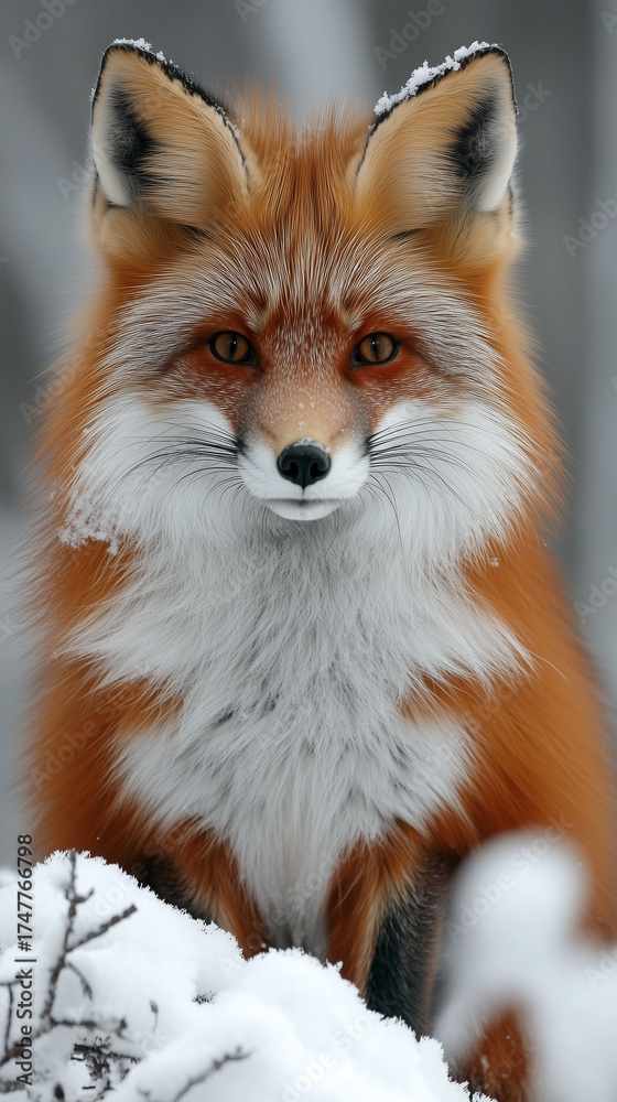 Fototapeta premium Close up portrait of a magnificent red fox with frosted fur looking directly at the viewer in a snowy winter forest.