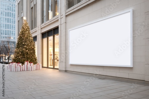 Empty billboard mock up with copy space beside a decorated Christmas tree and gift boxes in an urban setting, showcasing festive holiday atmosphere and potential advertising opportunities
