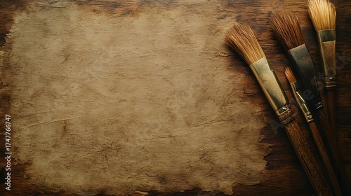 Rustic paper texture background with paint brushes for artistic creations