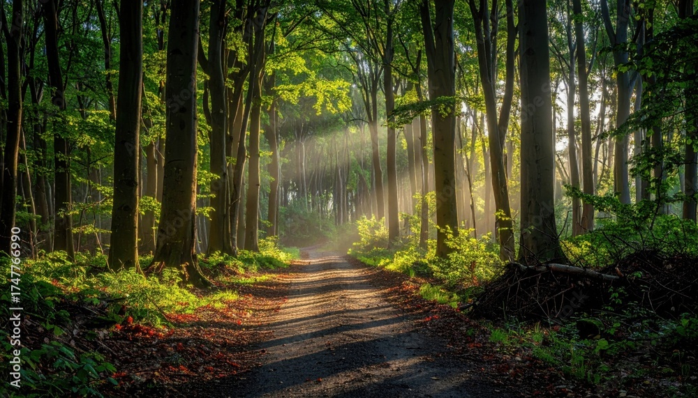 Fototapeta premium forest path with dappled sun shafts lifted blacks airy greens calm negative space tranquil walk mood
