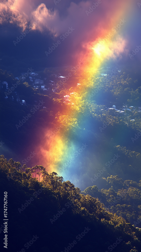 Naklejka premium A vibrant rainbow arcs brightly across a cloudy sky, beautifully illuminating the dense green forest and majestic mountain slopes.