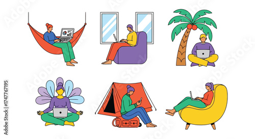Diverse remote work setups featuring individuals working on laptops in unconventional and comfortable environments like hammocks, beanbags, tents, and bathtubs