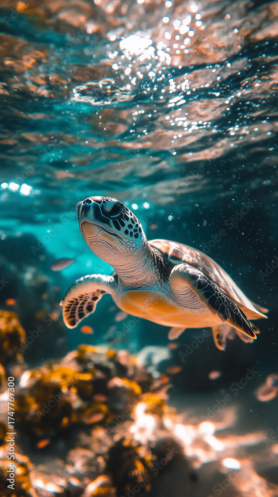 Fototapeta premium An elegant sea turtle glides gently through the vibrant blue ocean water towards the bright shimmering surface above.