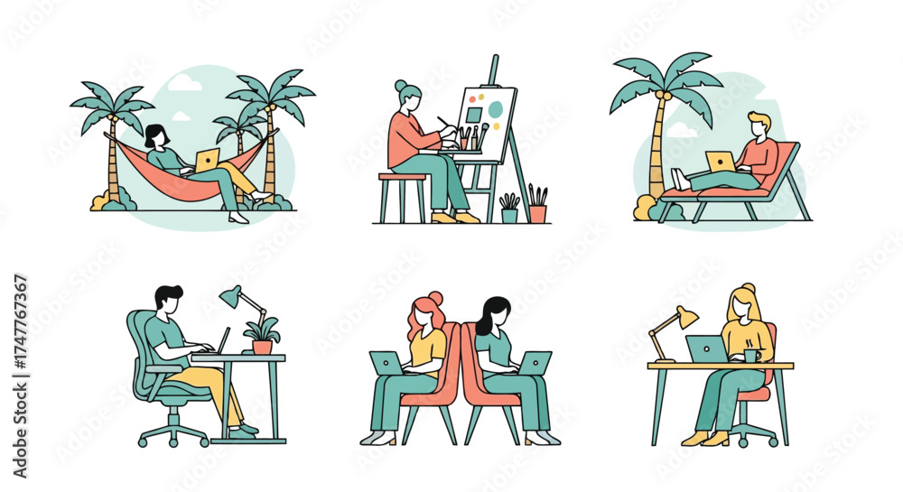 Naklejka premium Set of six illustrations depicting people working remotely in various locations, including a hammock, an easel, a beach chair, a desk, and a shared workspace