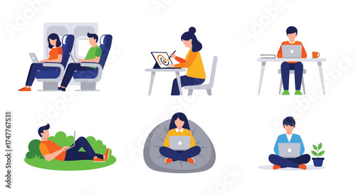 Collection of six illustrations featuring individuals working on laptops in diverse settings, including an airplane, a tablet workstation, a formal desk, a park, a beanbag chair, and a floor