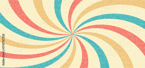 Swirl starburst background, retro spiral pattern. Candy radial colorful bg, abstract funky print. Stripe ray poster, wavy twist line grunge effect wallpaper. Vector illustration