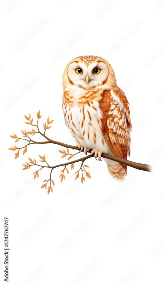 Fototapeta premium Owl perched on branch with autumn leaves in natural style 