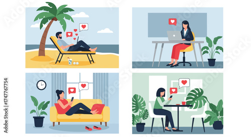 Set of illustrations depicting people enjoying leisure activities and working remotely in different settings, with social media like icons