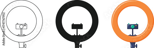 Illustrations of Ring Light Equipment in Different Styles for Studio Photography and Videography Showcasing Lighting Solutions and Modern Technology in a Variety of Visual Representations