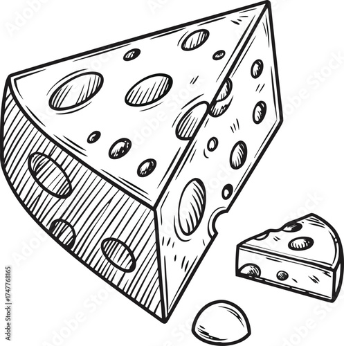 Hand Drawn Wedge of Swiss Cheese with Holes Vector