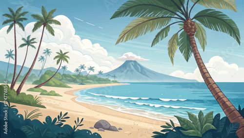 Flat minimal cartoon of tropical beach in Maui with palm trees, blue ocean, and volcano in background.