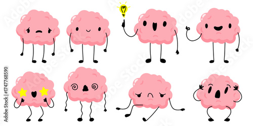 Cartoon Brain character. Tired, sad, depression, burnout brain concept. Stock vector illustration isolated on white background.