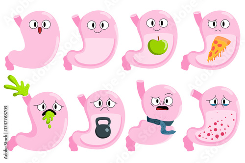 Cartoon stomach set. Heartburn, gastritis, atony, nausea, Helicobacter, cancer, digestive problems. Cartoon human internal organs. Stock vector illustration isolated on white background.