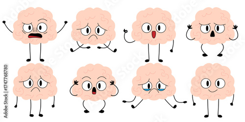 Brain cartoon character. Brain with low charge, tired, depression, burnout, lack energy and power with high energy. Stock vector illustration isolated on white background.