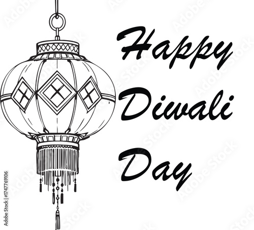 Happy Diwali Day lantern vector—decorative hanging lamp with tassels and cursive text in black-and-white festive sketch style