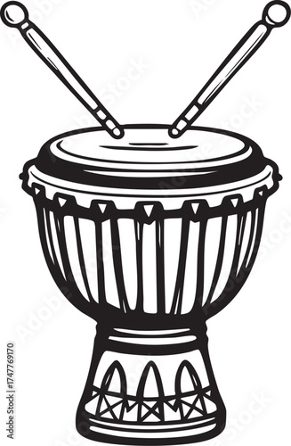 Djembe drum vector—West African percussion instrument with decorative base and crossed drumsticks in black-and-white sketch