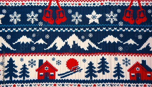 Colorful knitted winter sweater pattern featuring mountains, trees, and ski theme with copy space