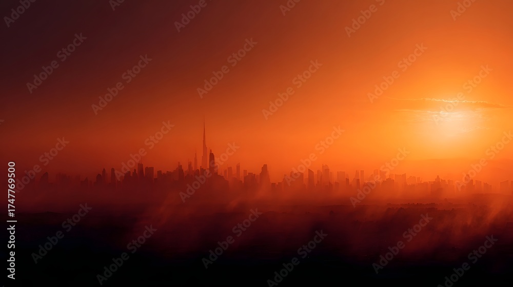Fototapeta premium Dramatic sunset over a hazy city skyline with heatwave and pollution effects