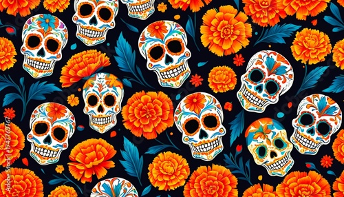 Colorful Sugar Skulls and Marigolds Create a Vibrant Festive Scene