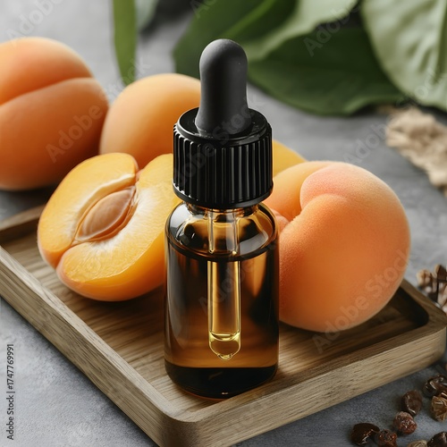 Apricot Kernel oil in bottle with fresh apricots on wooden tray, beauty concept