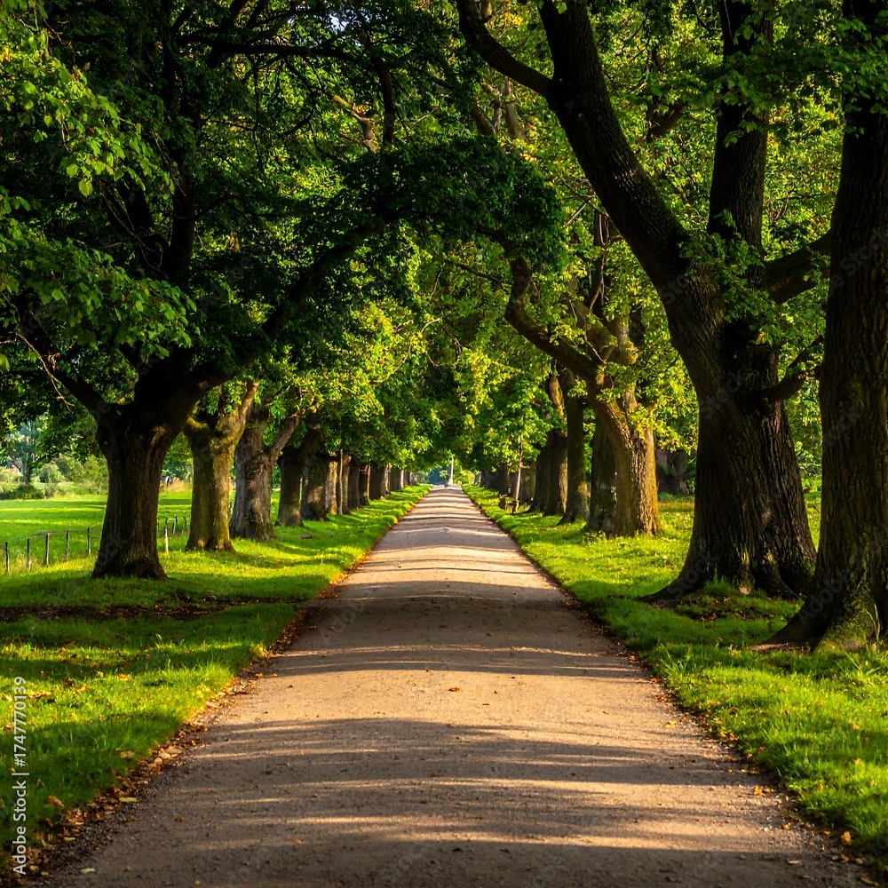 Obraz premium Tree-lined pathway, illuminated by sunlight. Leading to the vanishing point